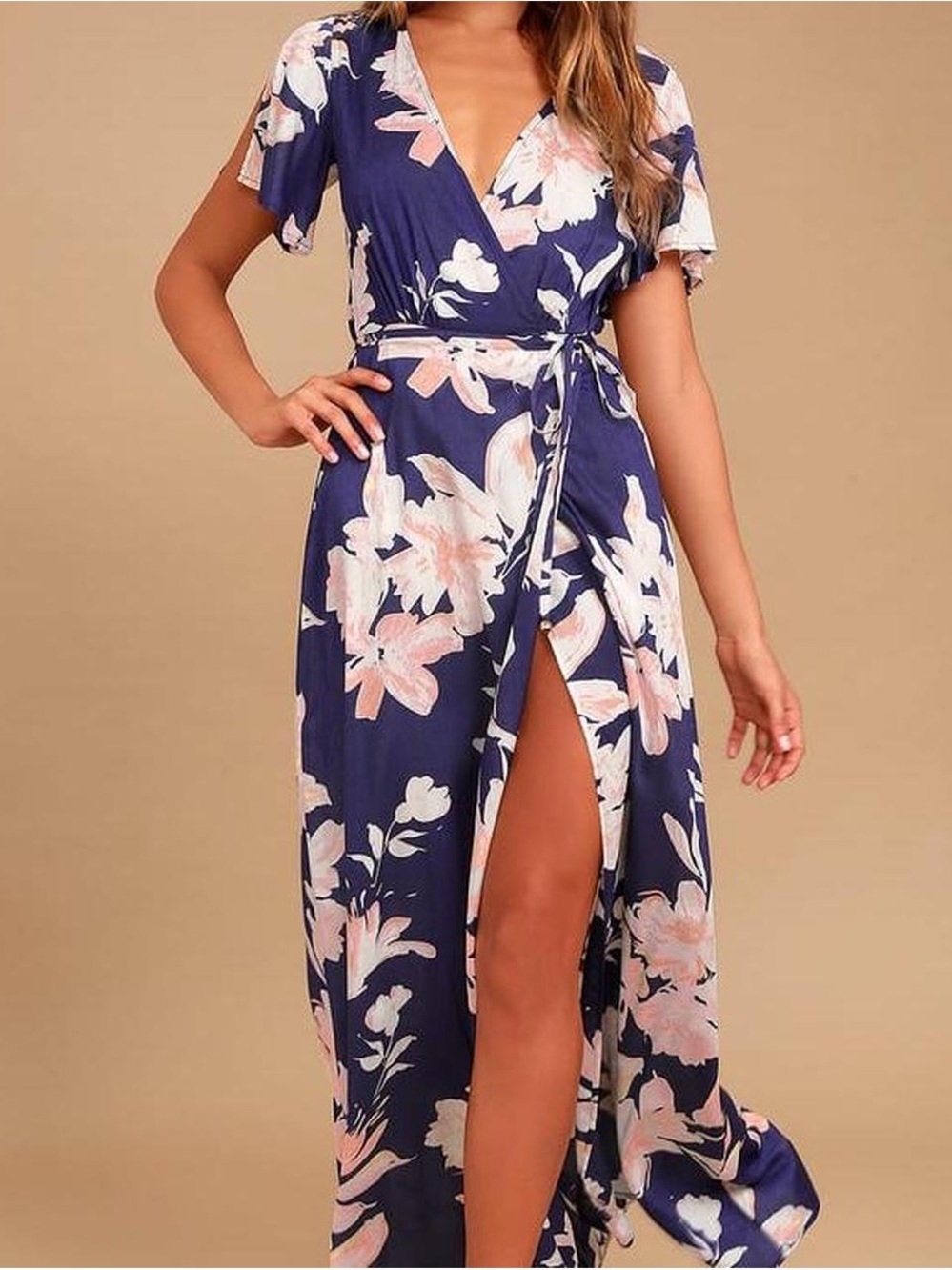 Lulu's Navy Floral Wrap Maxi with Blush Petals